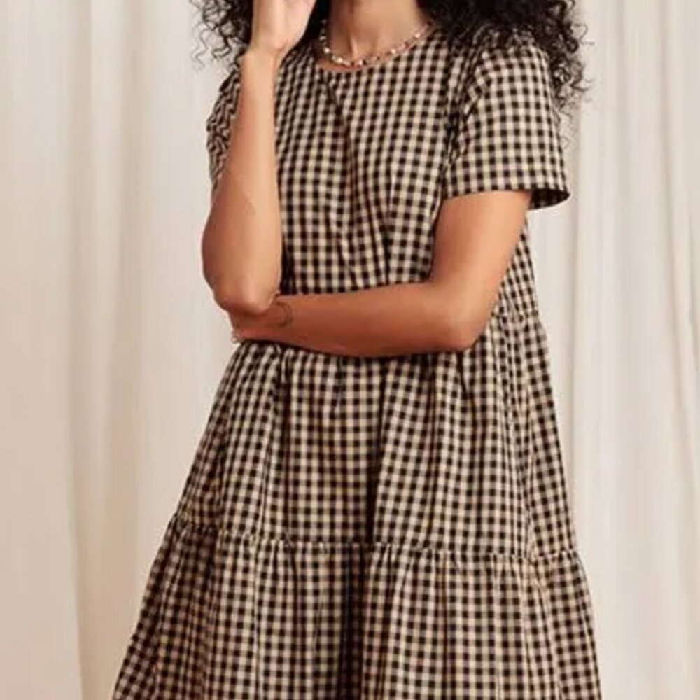 NWOT Tradlands L oversized black/cream gingham print tiered midi, with pockets!